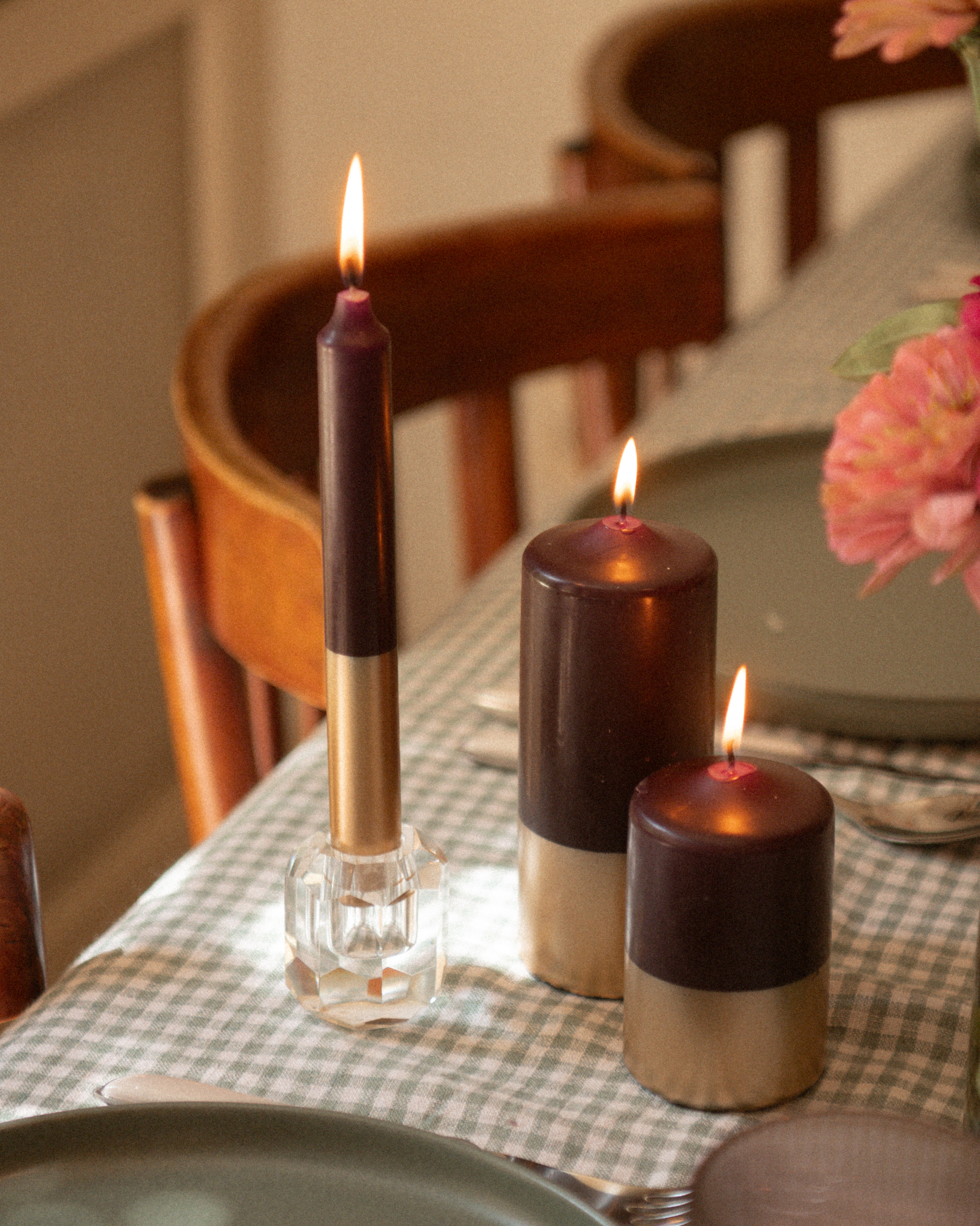 Tweekleurige stompkaars Aubergine & Goud